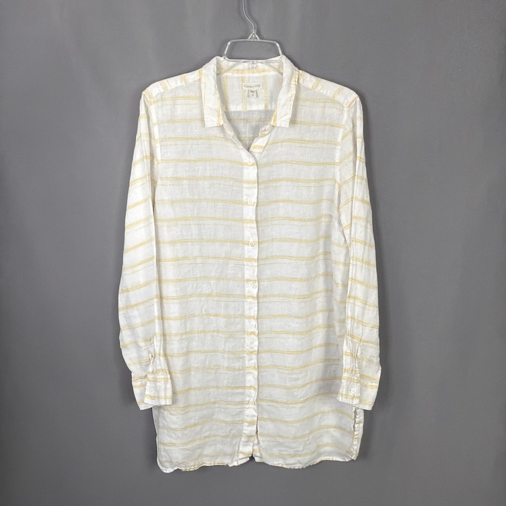 Garnet Hill Top Womens Medium‎ Yellow Linen Striped Blouse Coastal Lagenlook